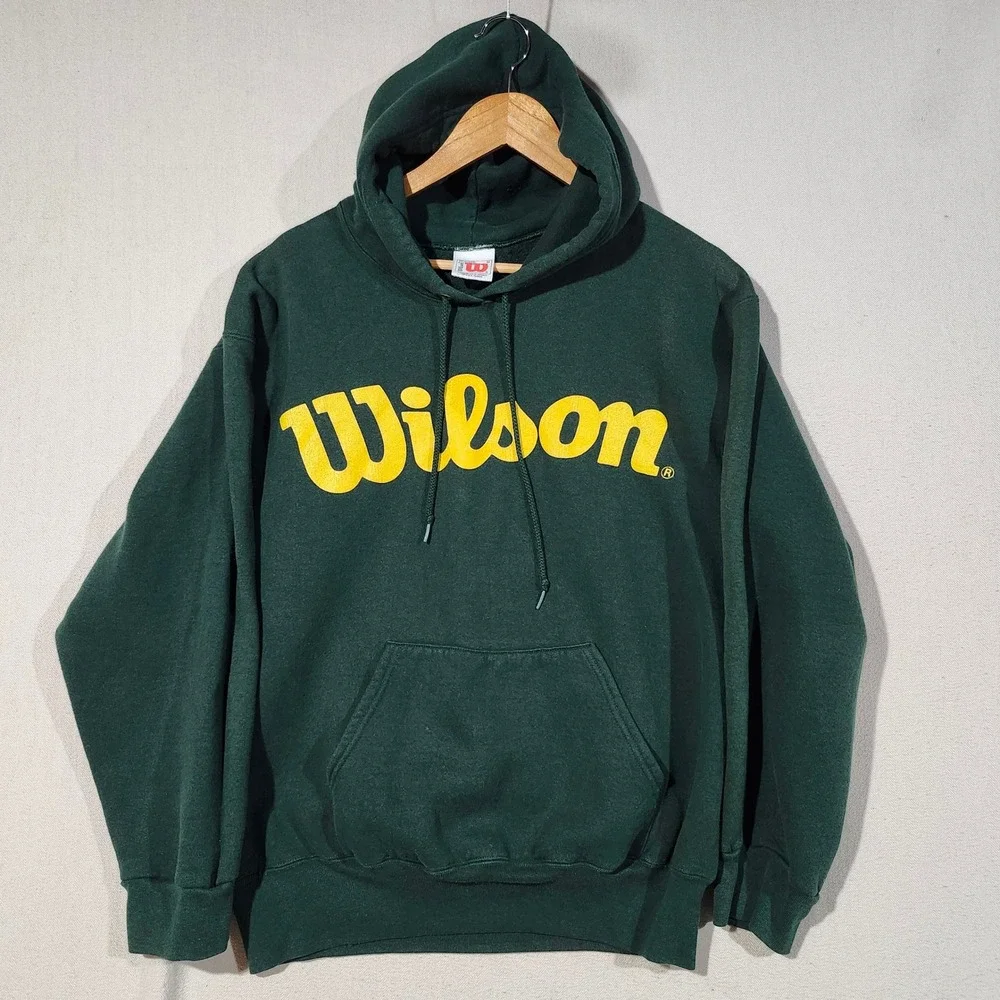 Wilson Vintage Mens Hoodie Medium Forest Green Yellow Logo Pullover Sweatshirt